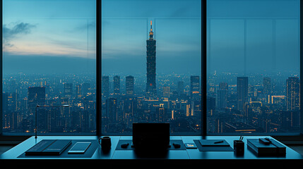 A city view from a window with a tall building in the background