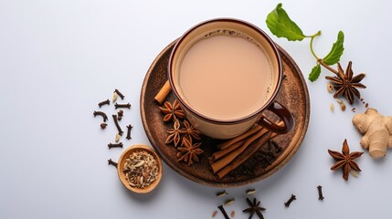 Freshly and Healthier Creamy Spiced Tea in Cup with Ingredients on White Background.