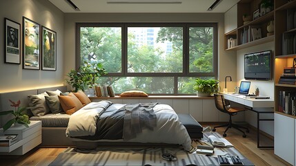 A modern apartment bedroom designed in a realistic style with clean lines, bright lighting that emphasizes its pristine condition, and modern furniture
