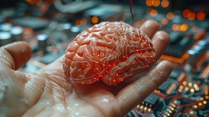 Circuit board shaped like an electronic brain with gyrus, symbol AI hanging over hand. Neon cyberspace encompassing computer neural networks, glowing scientist title on palm. - obrazy, fototapety, plakaty