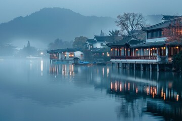 Obraz premium Traditional Waterfront Buildings with Evening Lights 