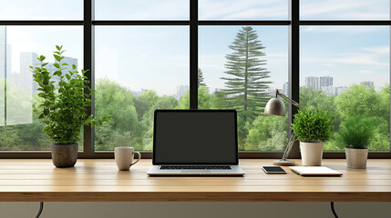 Fototapeta premium A laptop sits on a desk in front of a window with a view of a city