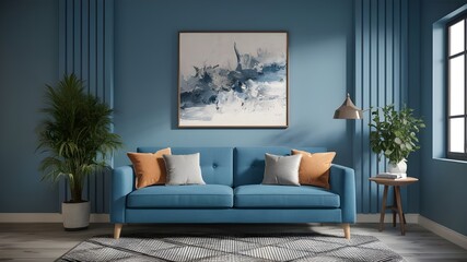 Blue sofa in blue living room with copy space, 3D rendering