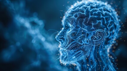 Over a blue background, we see a human head with a digital brain, an AI collage