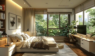 A modern apartment bedroom designed in a realistic style with clean lines, bright lighting that...