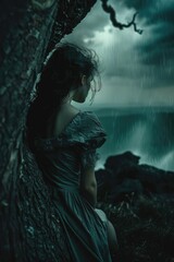 Fototapeta premium Mysterious woman behind tree with dark sky, AI generated Image