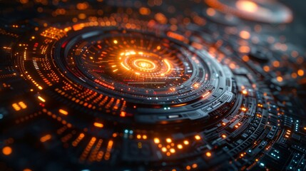 Animated futuristic round glowing HUD elements. Artificial intelligence. Virtual graphic touch user interface. Dashboard display. Sci-fi and hi-tech design. Modern illustration.
