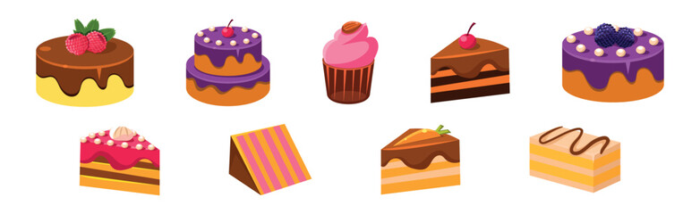 Sweet Cake and Cupcake Dessert with Cream Vector Set