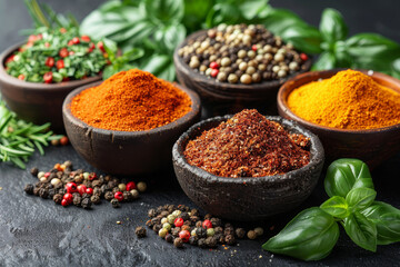 Assorted fresh herbs and spices on a dark, contrasting backdrop, highlighting their vibrant colors.. AI generated.