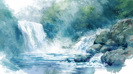 Watercolor illustration of a small waterfall, the light mist and subtle hues of blue and green promoting relaxation and comfort