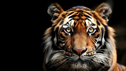 Fototapeta premium Closeup tiger head with bright colors and wide eyes for wallpaper design. Concept Tiger Photography, Closeup Portrait, Bright Colors, Wide Eyes, Wallpaper Design