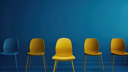 several blue and yellow chairs line up against a blue background photo, in the style of yellow and amber