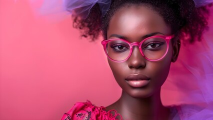 Fototapeta premium Stylish young African woman in pink glasses and clothes isolated in studio. Concept Fashion, Portraits, African Woman, Studio Photography, Pink Glasses