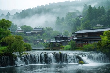 Japanese village with a river and a waterfall. generative ai