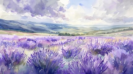 Watercolor painting depicting a serene meadow of lavender, the soft purple tones soothing patients and enhancing the clinic's aesthetic