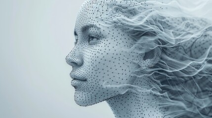 Model of AI (artificial intelligence) systems, VR (virtual reality), Deep Learning and Face Recognition with low poly wireframes.