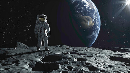 A astronaut wearing space suit  and exploring the space in search of life and water on moon. Black and White wallpaper of astronaut who exploring and landing on the moon.