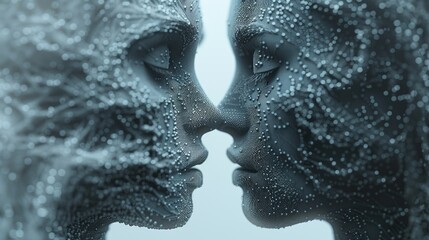 People facing each other in conflict. Conflict. People talking face to face. Rivalry. Abstract digital human head made from dots. 3D modern illustration for banner, poster, cover, or brochure.