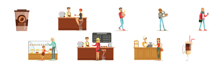 People Character at Cafe Shop Buy Coffee and Pastry Vector Set