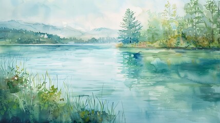 Watercolor painting of a serene lakeside view, soft blues and greens blending together to calm patients and enhance the clinic's relaxing ambiance