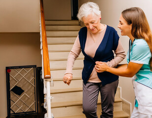 Homecare woman professional helping elderly lady old going down home stairs © OceanProd