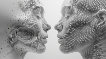 The concept of rivalry. Two opponents facing each other. Conflict. People talking face to face. Abstract digital human head made from dots. 3D modern illustration suitable for banners, posters and