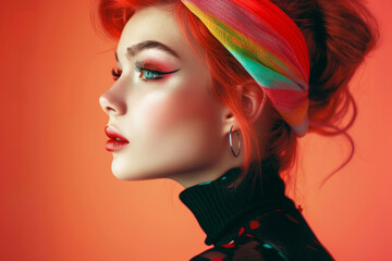 Stunning close-up of a young woman showcasing vibrant makeup and a colorful headband against an orange background, capturing a look of contemplation, Generative Ai