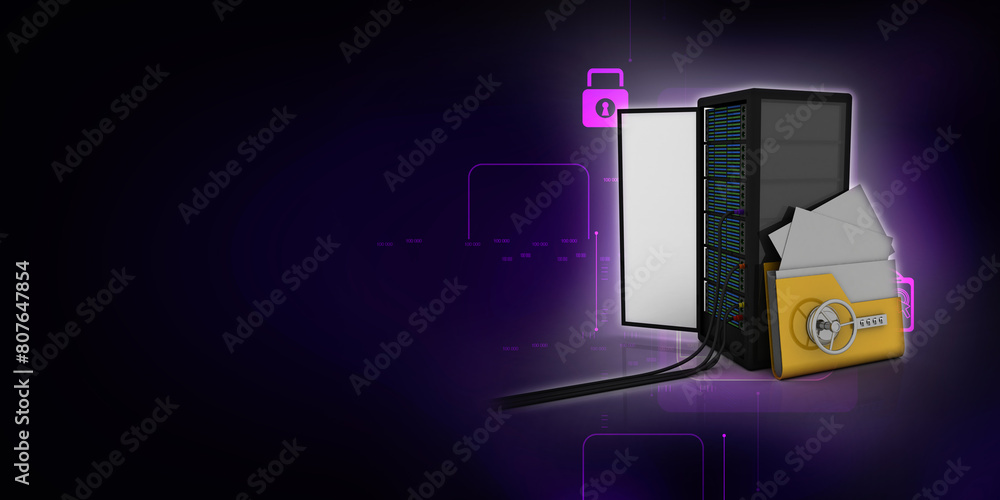 Poster 3d illustration data center server with folder lock