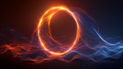 Fototapeta premium Blue green circles with wavy rounded lines on black background for concept of music, technology, AI.