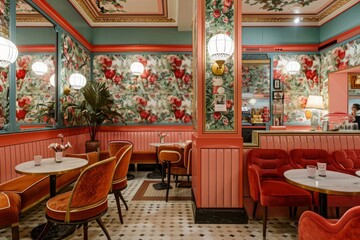 Fototapeta na wymiar Vintage style cafe featuring vibrant floral wallpaper, cozy red booths, and stylish decor that evokes a nostalgic ambiance, Generative Ai