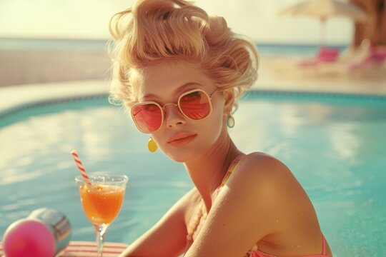 A stylish woman with retro sunglasses and an elegant hairstyle relaxes by a pool, sipping a cocktail on a sunny day, featuring a nostalgic summer vibe. Generative Ai