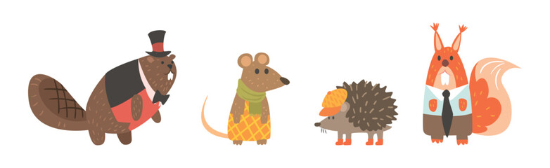 Funny Forest Animal Wear Dress and Clothes Vector Set