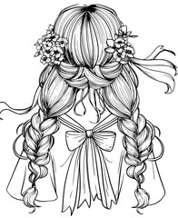 Hairstyle of the hair is decorated with flowers and a ribbon illustration clip art coloring book black and white for kids and adults isolated line art on white background.