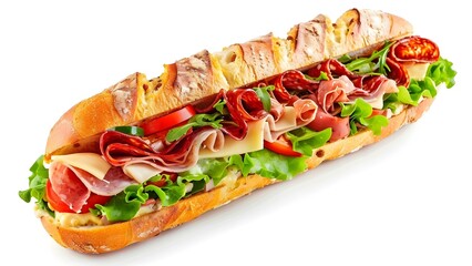 Italian sub sandwich with meats cheese and veggies on white background. Concept Food Photography, Italian Cuisine, Sandwich Recipe, Deli Meats, Fresh Ingredients