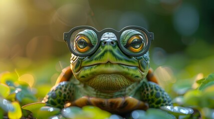 A cute little turtle wearing glasses stands in front of a studio background. Powered by generative...