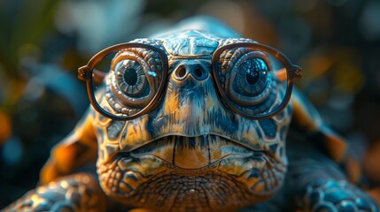 A cute little green turtle with glasses stands in front of a studio background. Generative AI. - obrazy, fototapety, plakaty