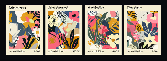 Obraz premium Abstract rustic chic floral posters in a neutral beige color palette. Hand-painted in a modern trendy minimalist style.