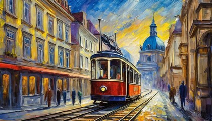 Obraz premium Old tram in old city, oil paintings art design