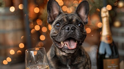 A French Bulldog drinks champagne at a New Year's Eve party. Generative AI. - obrazy, fototapety, plakaty