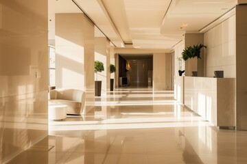 A minimalist empty hotel lobby with clean lines and neutral tones, embodying a sense of understated elegance and sophistication, Generative AI