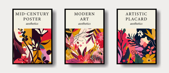 Abstract rustic chic floral posters in a neutral beige color palette. Hand-painted in a modern trendy minimalist style.