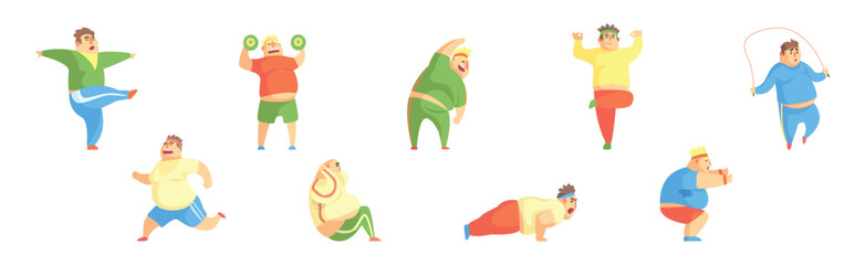 Funny Chubby Man Character Doing Gym Workout Vector Set