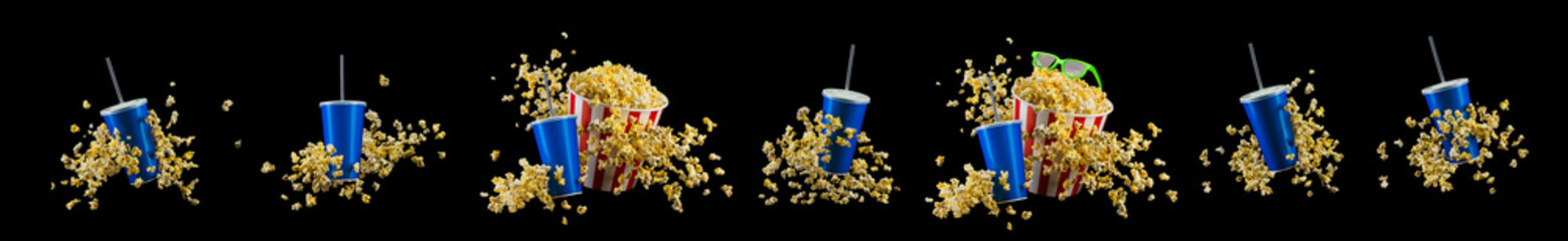 Blue cup with cap and flying popcorn isolated on black background