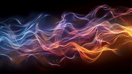 An abstract futuristic background with wave lines flowing dynamically in diverse colors isolated on a black background. Concept of science, digital, and communication illustrated in generative ai. - obrazy, fototapety, plakaty