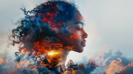 In this beautiful fantasy abstract portrait of a beautiful woman double exposure with colorful digital paint splashes and space nebulas, generative artificial intelligence is used.