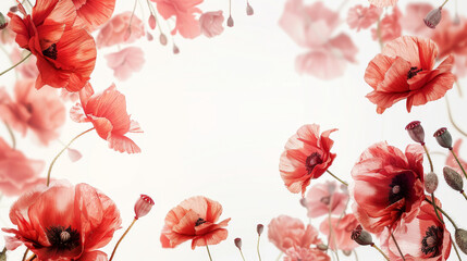 Red poppy flower arranged as a frame on white background
