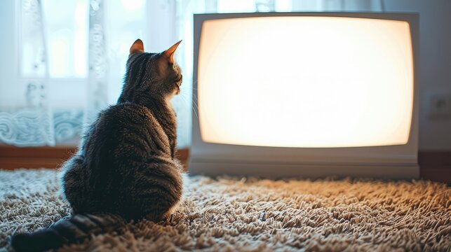 Cat sitting watching TV white screen, AI generated Image