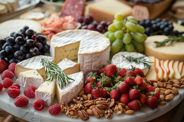 Gourmet cheese platter with an assortment of fine cheeses, nuts, and fresh fruit elegantly displayed. AI generated.