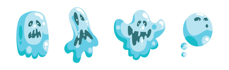 Blue Ghost Character with Scary Face Grimace Vector Set