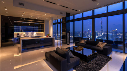 Luxurious open plan livingroom and kitchen in black color, modern style interior design apartment.